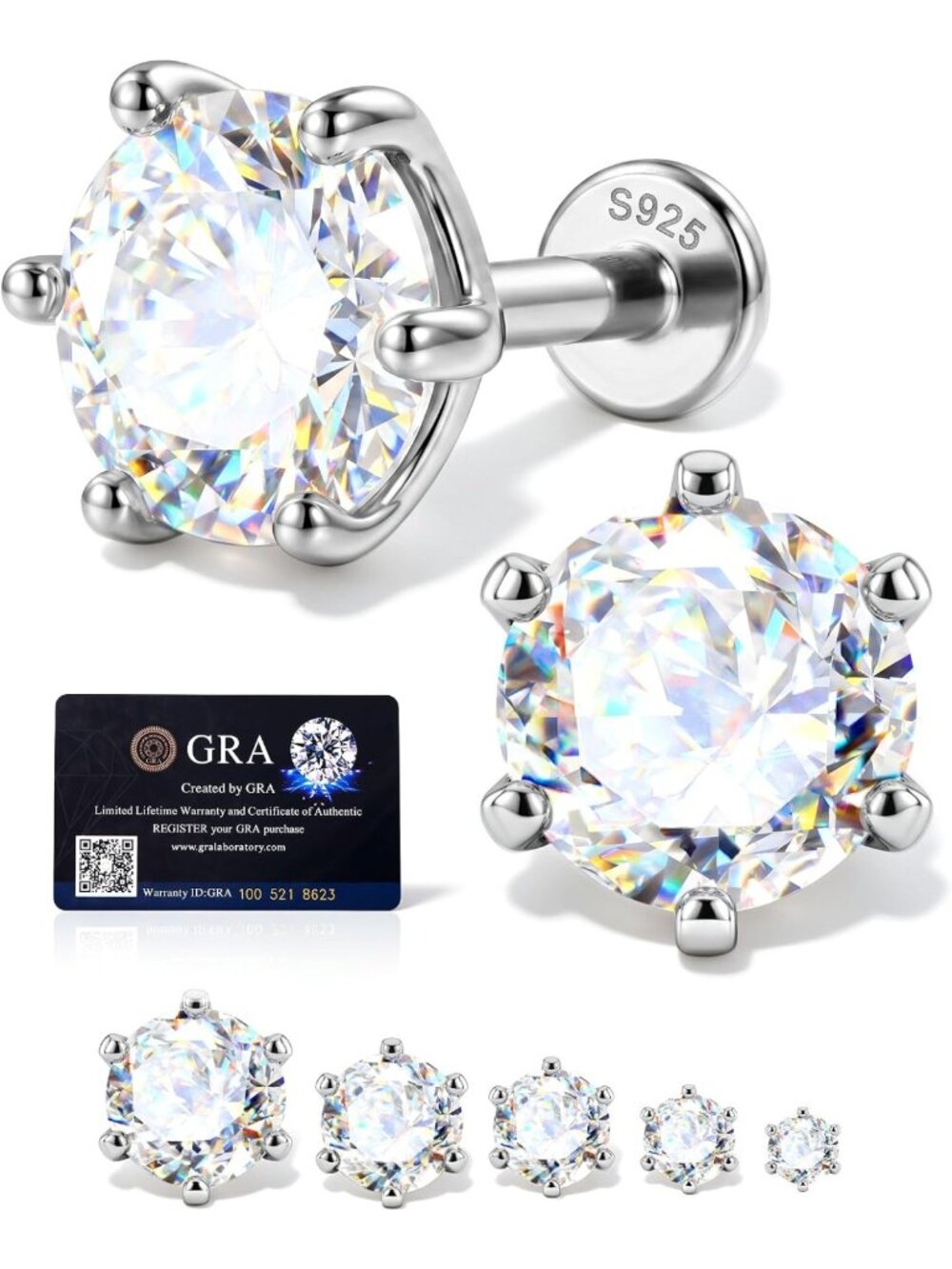 14K White Gold Plated Moissanite Helix Tragus Conch Stud Earrings for Women